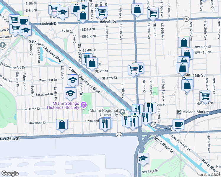 map of restaurants, bars, coffee shops, grocery stores, and more near 601 East Okeechobee Road in Hialeah