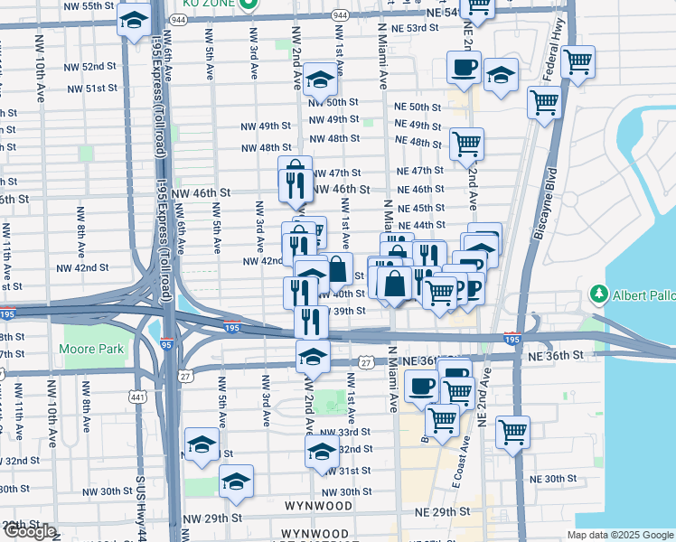 map of restaurants, bars, coffee shops, grocery stores, and more near 4185 Northwest 1st Avenue in Miami