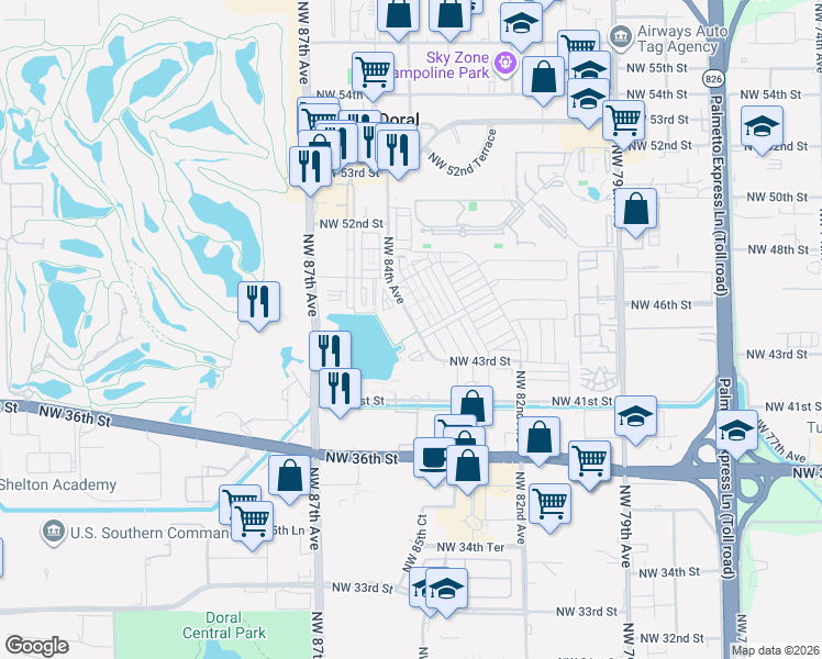 map of restaurants, bars, coffee shops, grocery stores, and more near 4696 Northwest 84th Avenue in Doral
