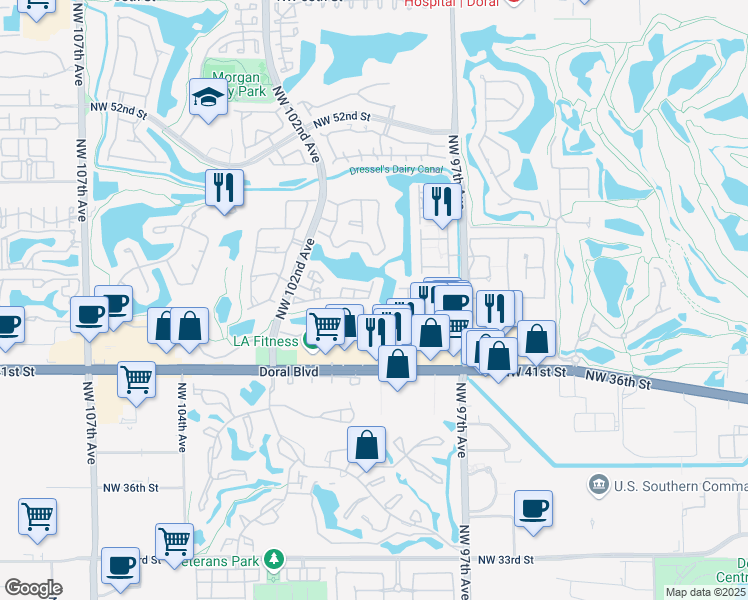 map of restaurants, bars, coffee shops, grocery stores, and more near 9935 Northwest 46th Street in Doral