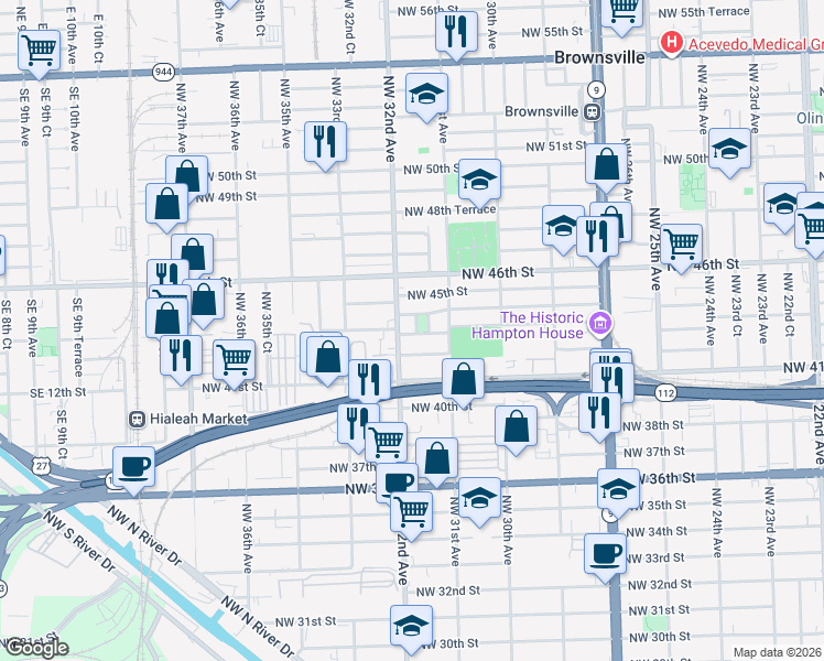 map of restaurants, bars, coffee shops, grocery stores, and more near 4401 Northwest 32nd Avenue in Miami