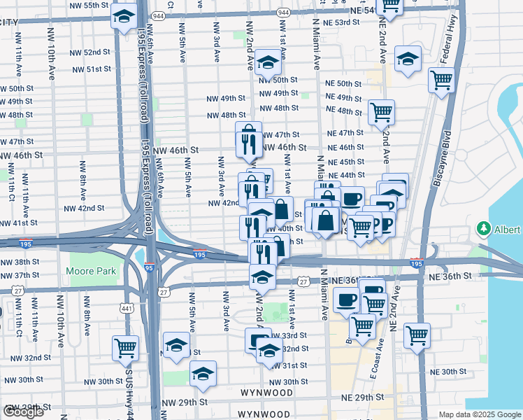 map of restaurants, bars, coffee shops, grocery stores, and more near 169 Northwest 42nd Street in Miami