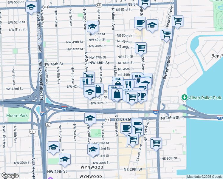 map of restaurants, bars, coffee shops, grocery stores, and more near 32 Northwest 42nd Street in Miami