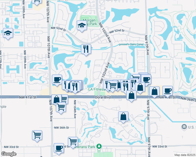 map of restaurants, bars, coffee shops, grocery stores, and more near 4541 Northwest 102nd Court in Doral