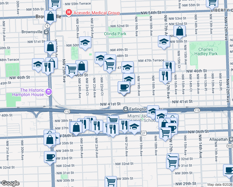 map of restaurants, bars, coffee shops, grocery stores, and more near 2170 Northwest 44th Street in Miami