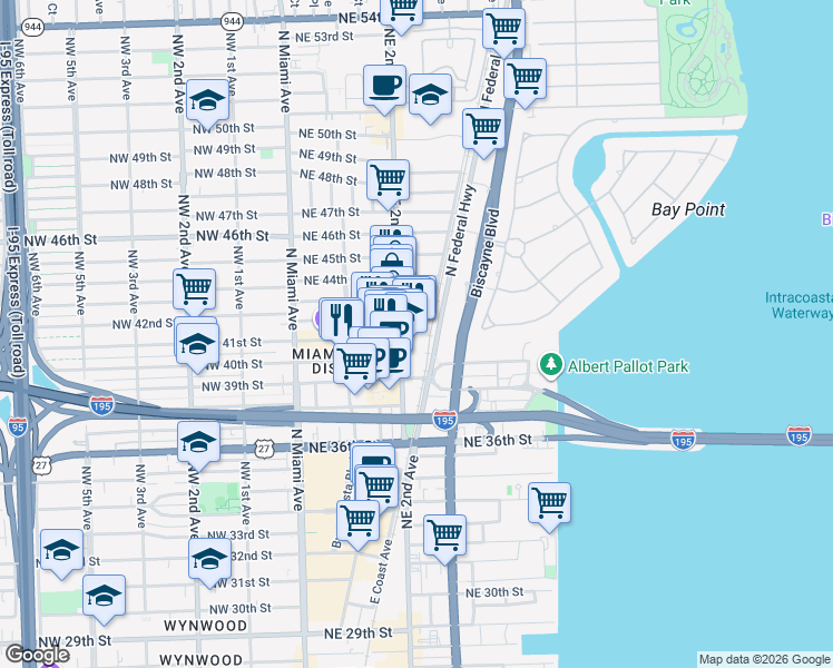 map of restaurants, bars, coffee shops, grocery stores, and more near in Miami