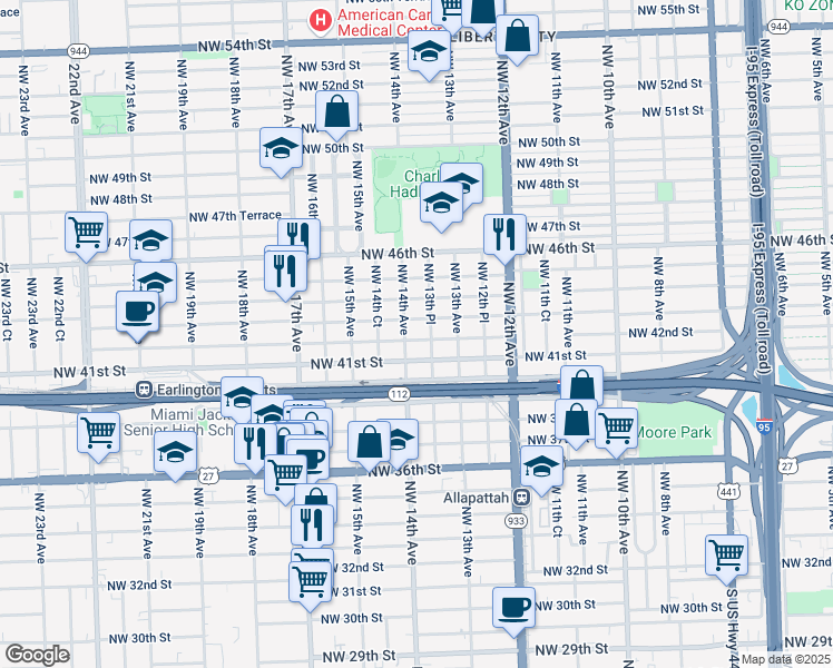 map of restaurants, bars, coffee shops, grocery stores, and more near 4301 Northwest 14th Avenue in Miami