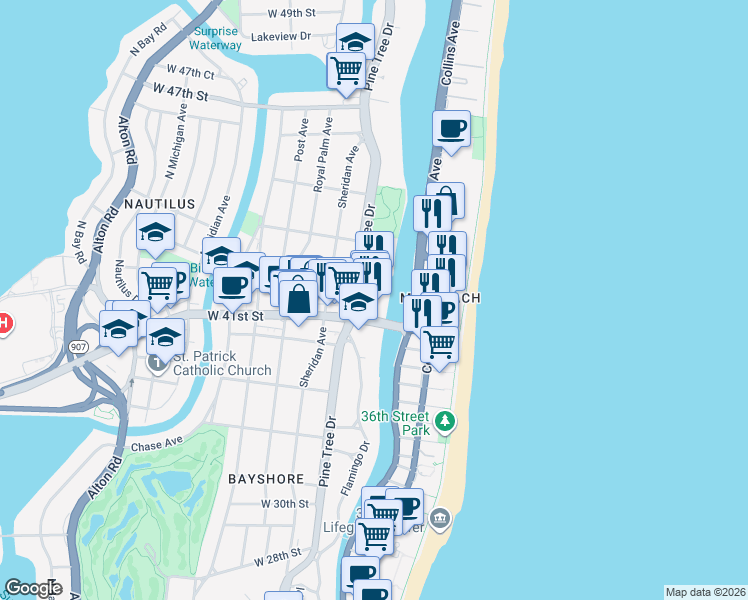 map of restaurants, bars, coffee shops, grocery stores, and more near in Miami Beach