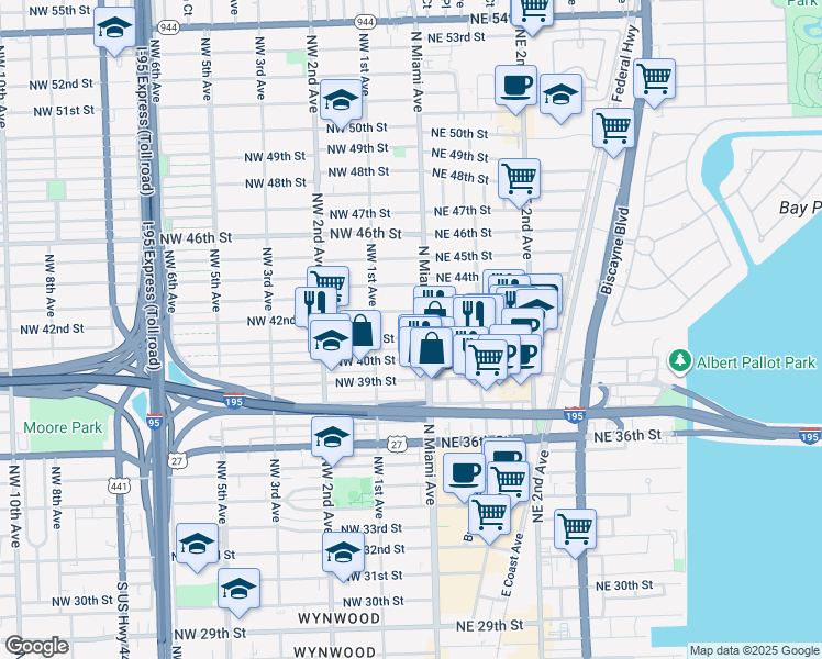 map of restaurants, bars, coffee shops, grocery stores, and more near 32 Northwest 42nd Street in Miami