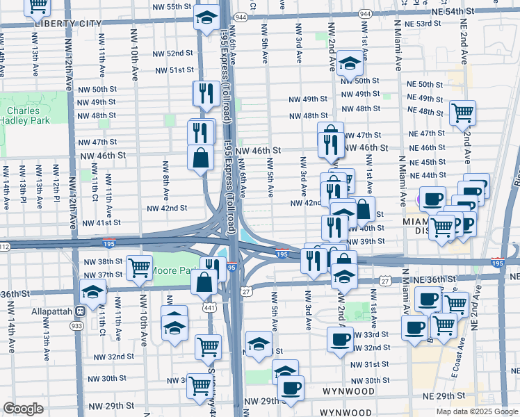 map of restaurants, bars, coffee shops, grocery stores, and more near 568 Northwest 43rd Street in Miami