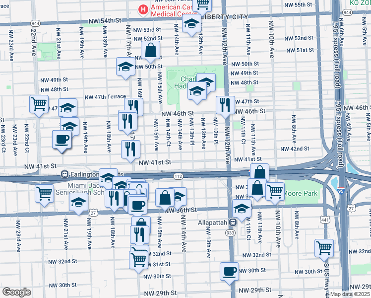 map of restaurants, bars, coffee shops, grocery stores, and more near 4301 Northwest 14th Avenue in Miami