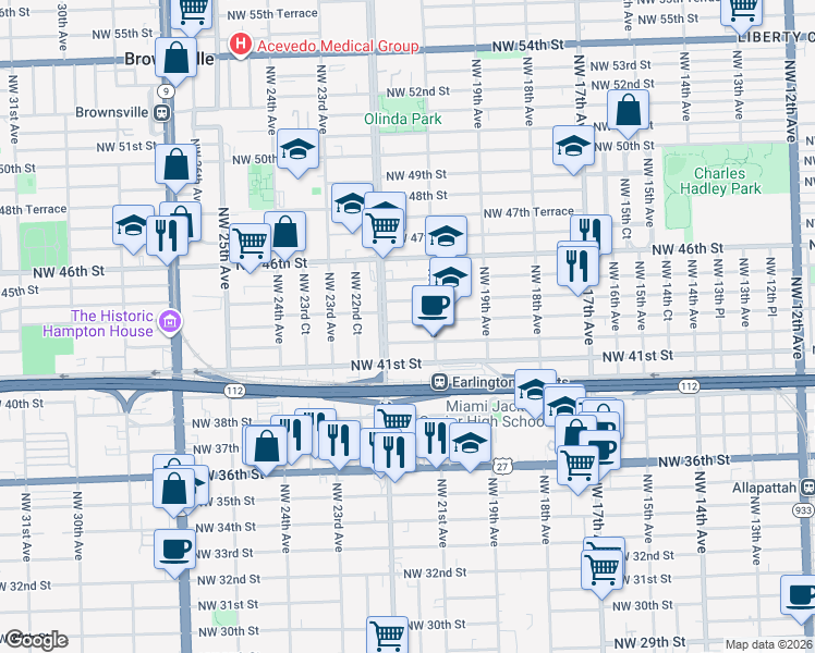 map of restaurants, bars, coffee shops, grocery stores, and more near 2170 Northwest 44th Street in Miami