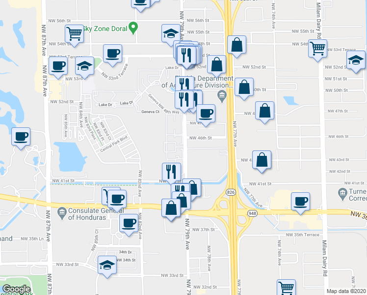 map of restaurants, bars, coffee shops, grocery stores, and more near 7878 Northwest 46th Street in Doral