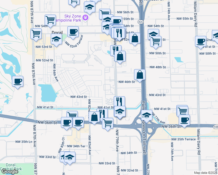 map of restaurants, bars, coffee shops, grocery stores, and more near 4650 Northwest 79th Avenue in Doral