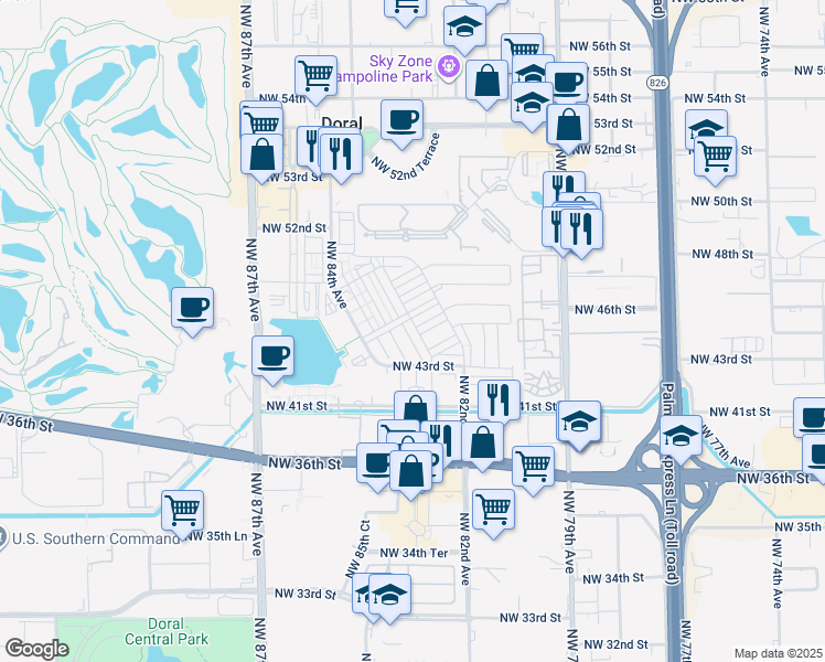 map of restaurants, bars, coffee shops, grocery stores, and more near 8252 Northwest 46th Terrace in Doral