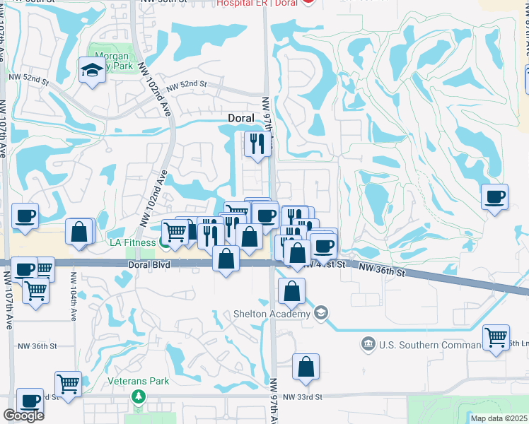 map of restaurants, bars, coffee shops, grocery stores, and more near 9701 Northwest 45th Lane in Doral