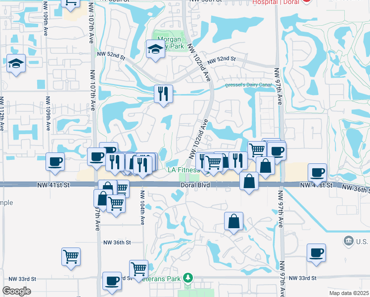 map of restaurants, bars, coffee shops, grocery stores, and more near 10276 Northwest 46th Street in Doral