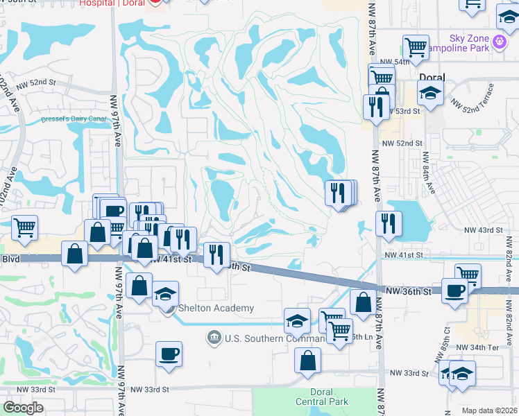 map of restaurants, bars, coffee shops, grocery stores, and more near 4561 Northwest 93rd Doral Court in Doral
