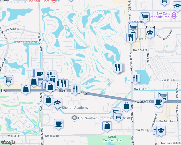 map of restaurants, bars, coffee shops, grocery stores, and more near 4561 Northwest 93rd Doral Court in Doral