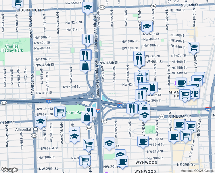 map of restaurants, bars, coffee shops, grocery stores, and more near 568 Northwest 43rd Street in Miami