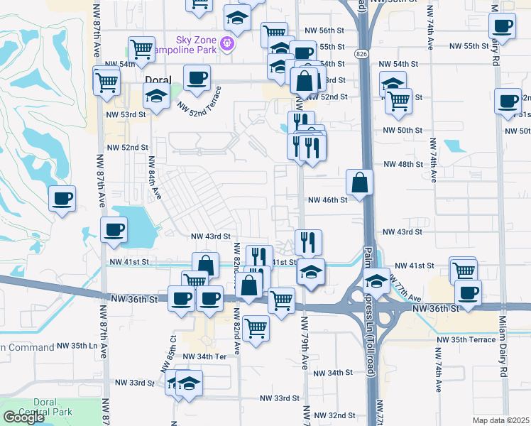 map of restaurants, bars, coffee shops, grocery stores, and more near 4460 Northwest 79th Avenue in Doral