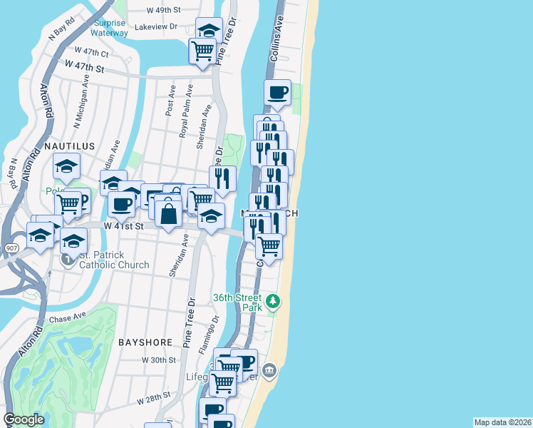 map of restaurants, bars, coffee shops, grocery stores, and more near in Miami Beach