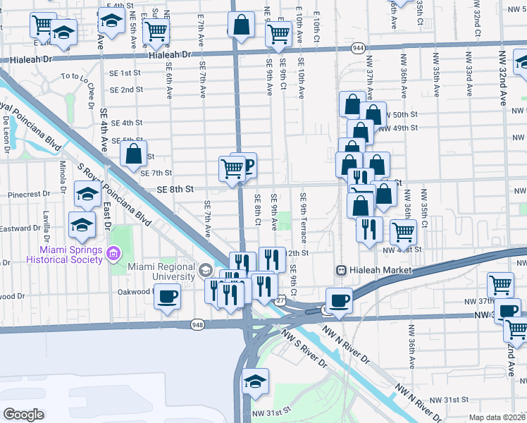 map of restaurants, bars, coffee shops, grocery stores, and more near 839 Southeast 8th Court in Hialeah