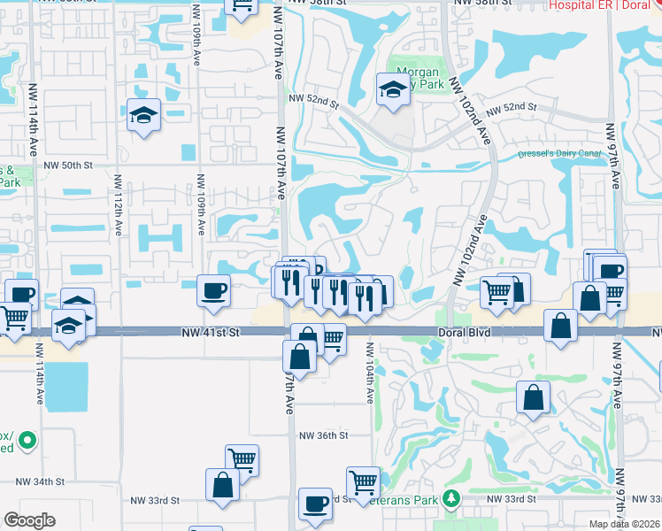 map of restaurants, bars, coffee shops, grocery stores, and more near 10375 Northwest 46th Street in Doral