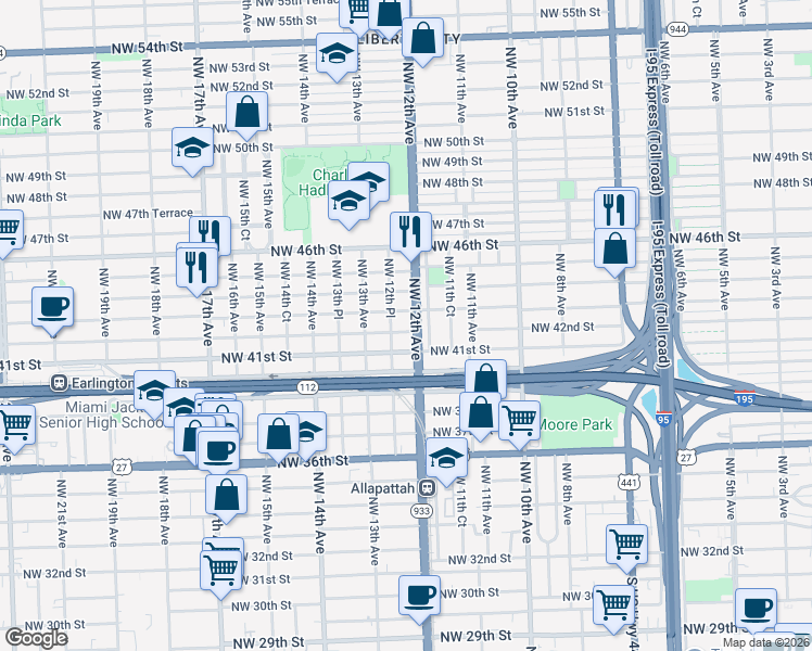 map of restaurants, bars, coffee shops, grocery stores, and more near 1253 Northwest 43rd Street in Miami