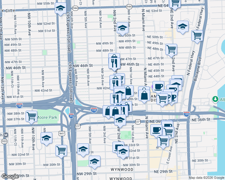 map of restaurants, bars, coffee shops, grocery stores, and more near 243 Northwest 42nd Street in Miami