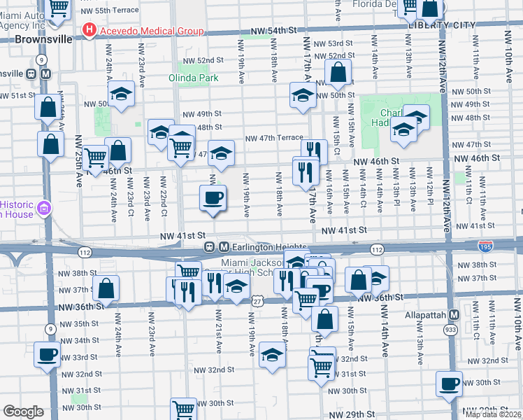 map of restaurants, bars, coffee shops, grocery stores, and more near 1859 Northwest 43rd Street in Miami
