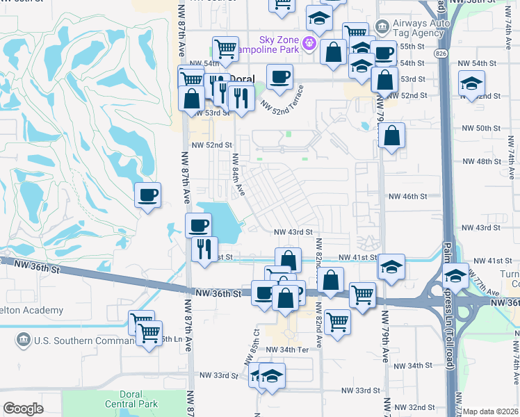 map of restaurants, bars, coffee shops, grocery stores, and more near 4663 Northwest 83rd Path in Doral