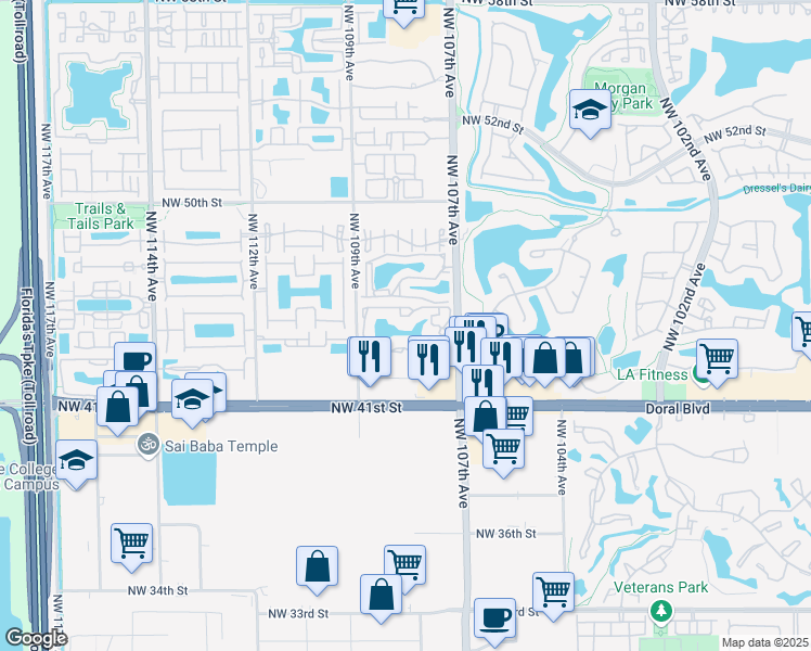 map of restaurants, bars, coffee shops, grocery stores, and more near 333 Northwest 107th Avenue in Doral