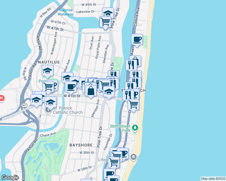 map of restaurants, bars, coffee shops, grocery stores, and more near in Miami Beach