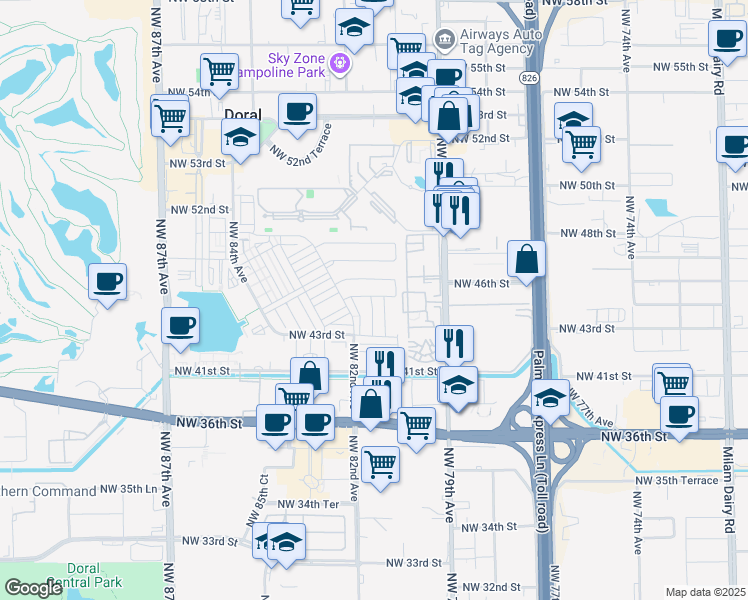 map of restaurants, bars, coffee shops, grocery stores, and more near 4460 Northwest 79th Avenue in Doral