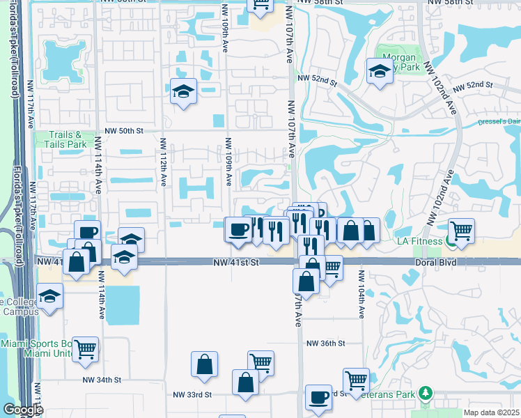 map of restaurants, bars, coffee shops, grocery stores, and more near 333 Northwest 107th Avenue in Doral