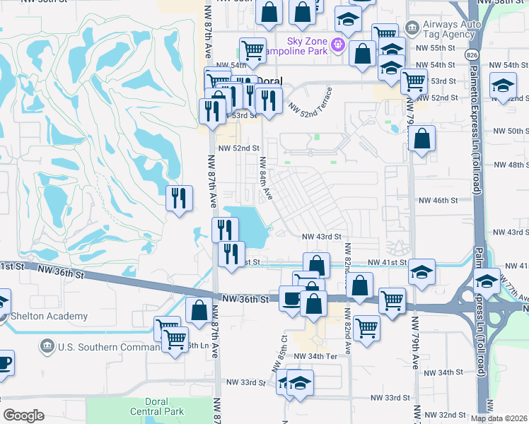 map of restaurants, bars, coffee shops, grocery stores, and more near 4696 Northwest 84th Avenue in Doral