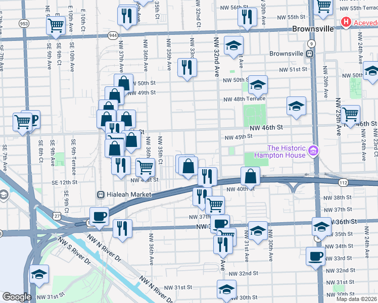 map of restaurants, bars, coffee shops, grocery stores, and more near 4551 Northwest 33rd Court in Miami
