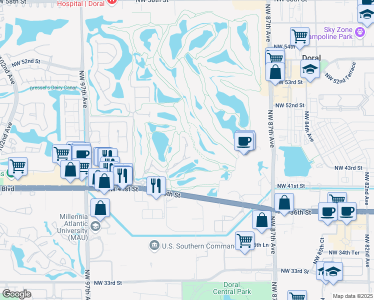 map of restaurants, bars, coffee shops, grocery stores, and more near 4561 Northwest 93rd Doral Court in Doral