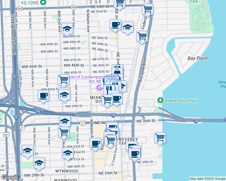 map of restaurants, bars, coffee shops, grocery stores, and more near 150 Northeast 42nd Street in Miami