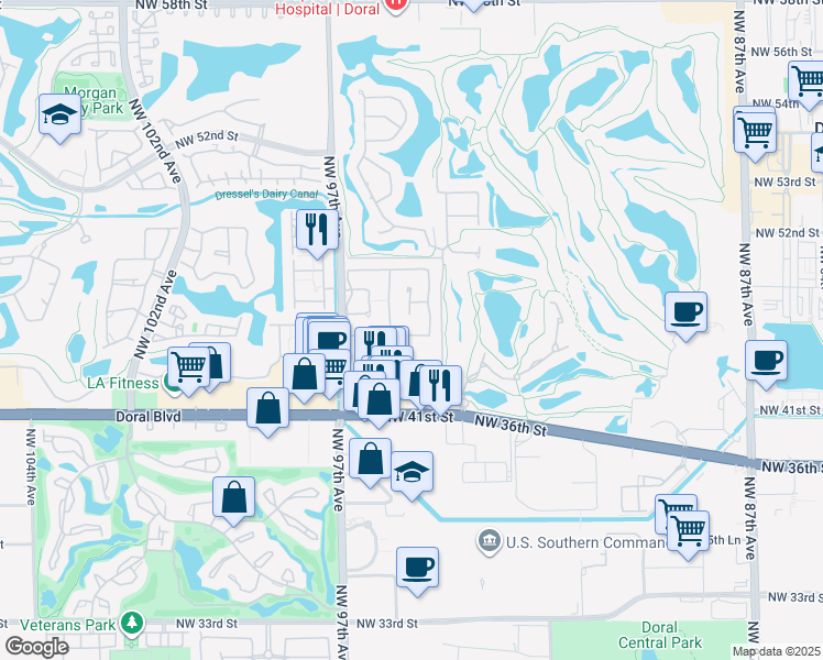 map of restaurants, bars, coffee shops, grocery stores, and more near 9451 Northwest 45th Street in Doral