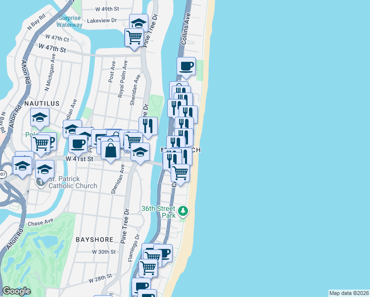 map of restaurants, bars, coffee shops, grocery stores, and more near in Miami Beach
