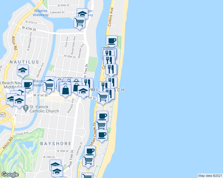 map of restaurants, bars, coffee shops, grocery stores, and more near in Miami Beach