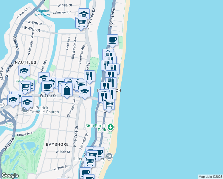 map of restaurants, bars, coffee shops, grocery stores, and more near in Miami Beach