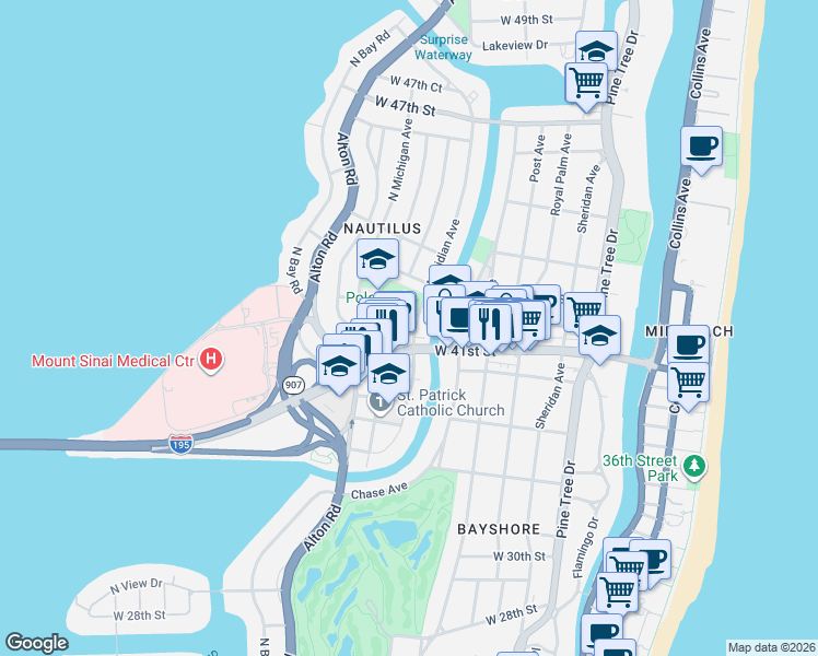 map of restaurants, bars, coffee shops, grocery stores, and more near 4205 Meridian Avenue in Miami Beach