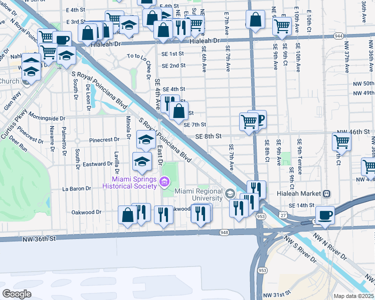 map of restaurants, bars, coffee shops, grocery stores, and more near 333 South Royal Poinciana Boulevard in Miami Springs