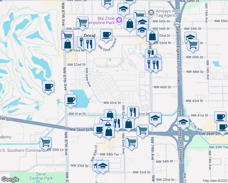 map of restaurants, bars, coffee shops, grocery stores, and more near 8252 Northwest 46th Terrace in Doral