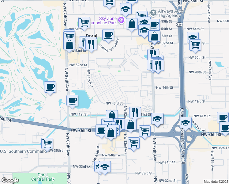 map of restaurants, bars, coffee shops, grocery stores, and more near 8252 Northwest 46th Terrace in Doral