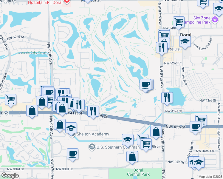map of restaurants, bars, coffee shops, grocery stores, and more near 4561 Northwest 93rd Doral Court in Doral