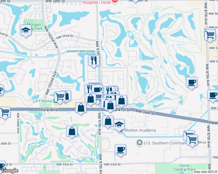 map of restaurants, bars, coffee shops, grocery stores, and more near 9600 Northwest 96th Avenue in Doral